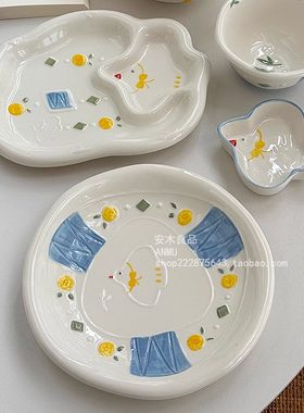 安木良品 大厂订单 日式可爱ins白鸽手绘釉下彩陶瓷餐具碟碗菜盘