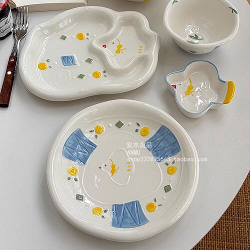 安木良品 大厂订单 日式可爱ins白鸽手绘釉下彩陶瓷餐具碟碗菜盘