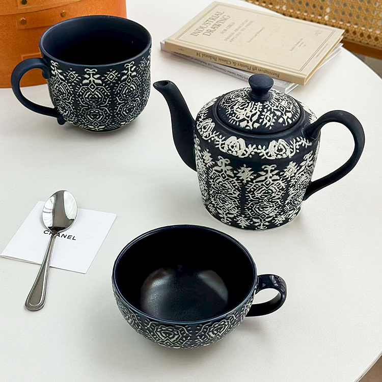 安木良品 外贸原单 北欧复古重工图腾高温陶瓷下午茶咖啡杯茶壶