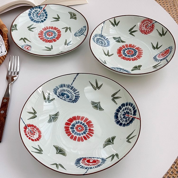 安木良品 外贸原单 日式釉下彩手绘竹叶蒲公英陶瓷米饭汤面碗菜盘