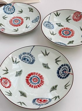 安木良品 外贸原单 日式釉下彩手绘竹叶蒲公英陶瓷米饭汤面碗菜盘