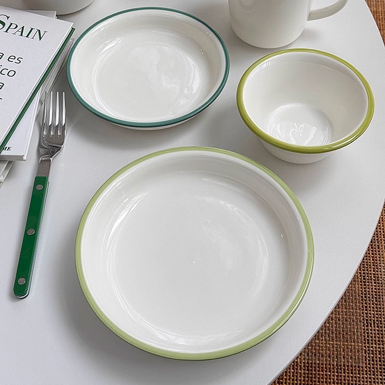 安木良品 韩国ins风简约画线反口釉下彩陶瓷餐菜盘水杯点心汤面碗