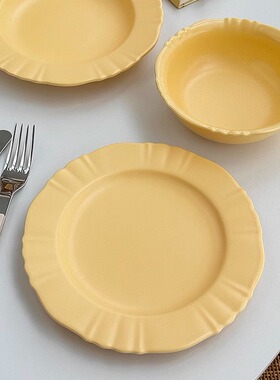 安木良品 出口订单 韩国ins黄色哑光花边陶瓷餐具早餐点心碗菜盘