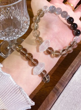 2025新款天然水晶灰月光耀石10mm茶晶异型白水晶手串手工冰耀石