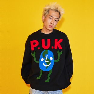 puk布瑞吉bridge潮牌地球人宽松套头圆领毛衣男早秋针织毛衣衫 女