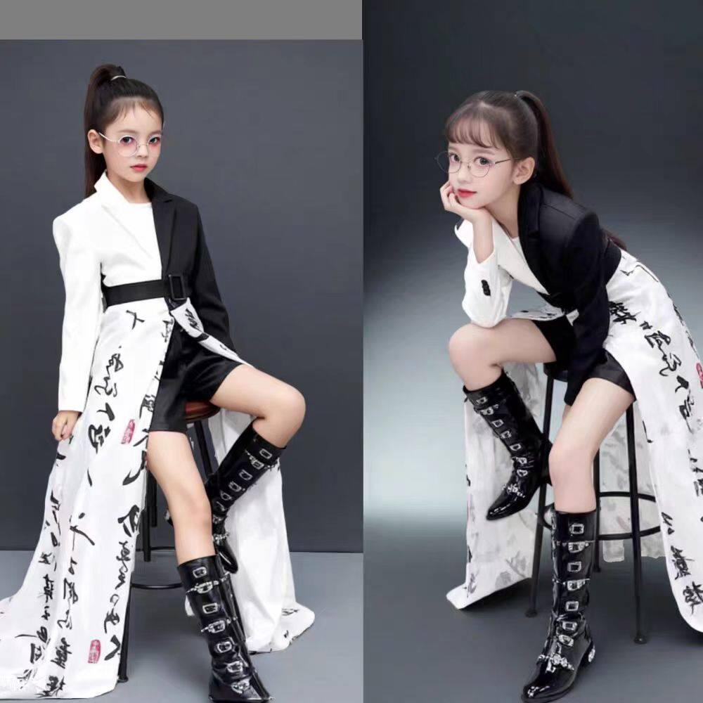 女童黑拍拼战队服模特走秀演出服儿童潮服车模礼服T台走秀演出服