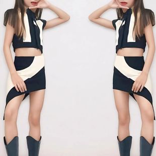 女童模特走秀服装黑色t台走秀服两件套形体训练服PK赛服校服装