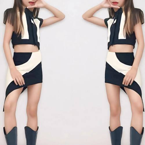女童模特走秀服装黑色t台走秀服