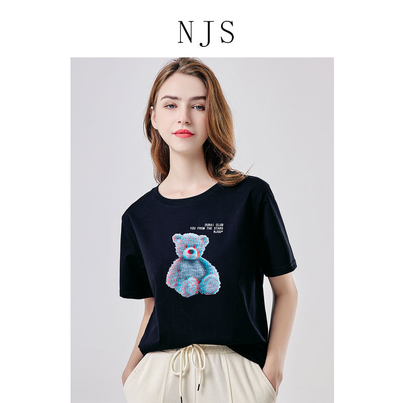 NJS短袖T恤女夏白色2022新款宽松泰迪熊印花女装舒适宽松显瘦上衣