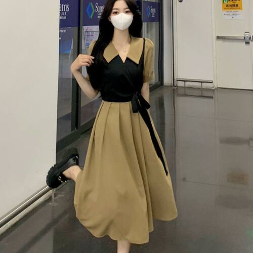 大码法式复古假两件连衣裙女夏季