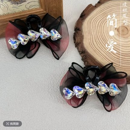 森系时尚气质AB面爱心月光水钻泡泡纱抓夹7cm