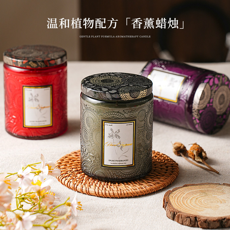 带盖浮雕粗圆柱无烟香薰蜡烛