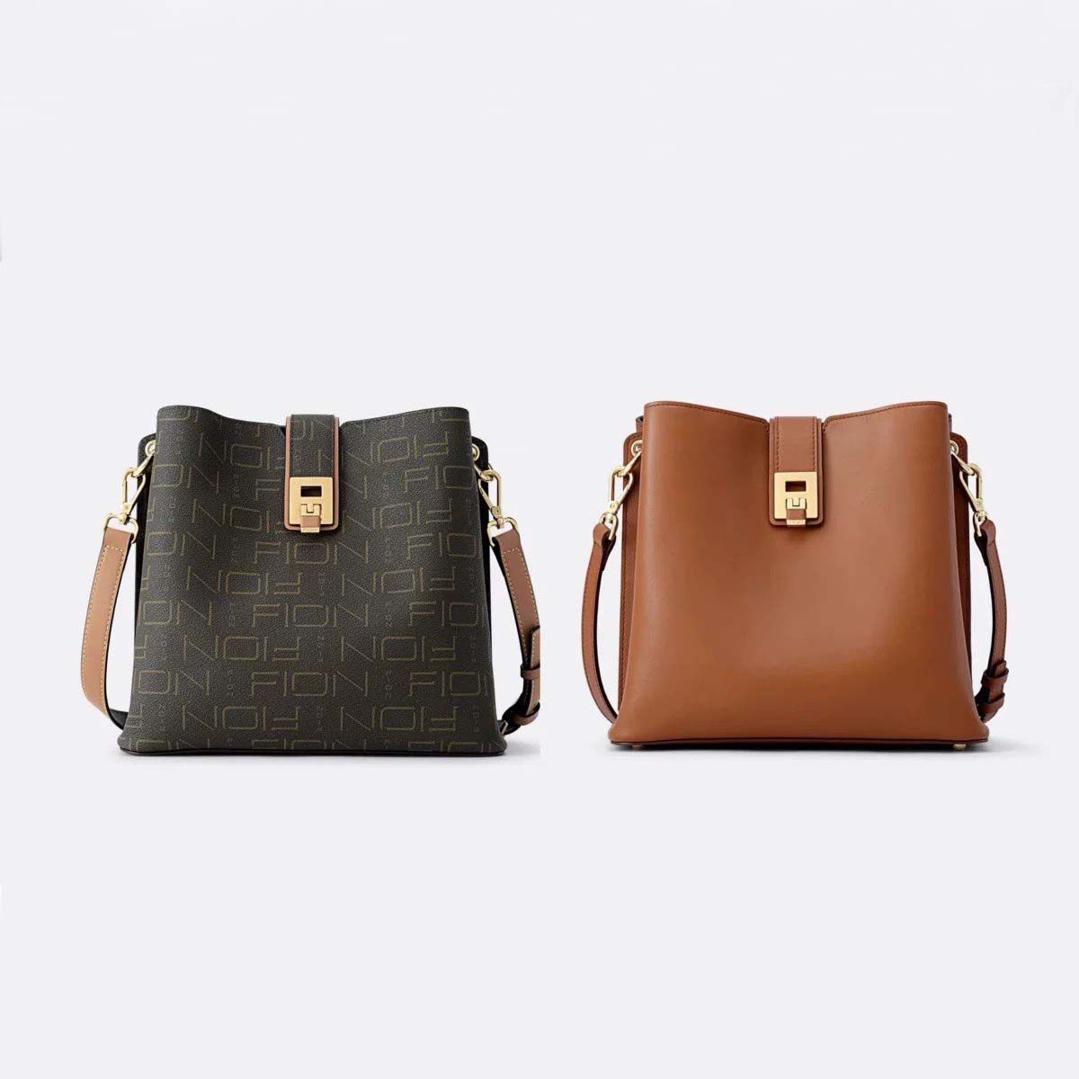 Fion菲安妮老花水桶包秋冬锁扣大容量单肩斜挎包包女 FAAFJMS003