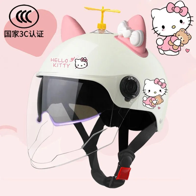 电动车头盔女长镜片hellokitty猫耳朵四季儿童可爱夏季防晒安全帽
