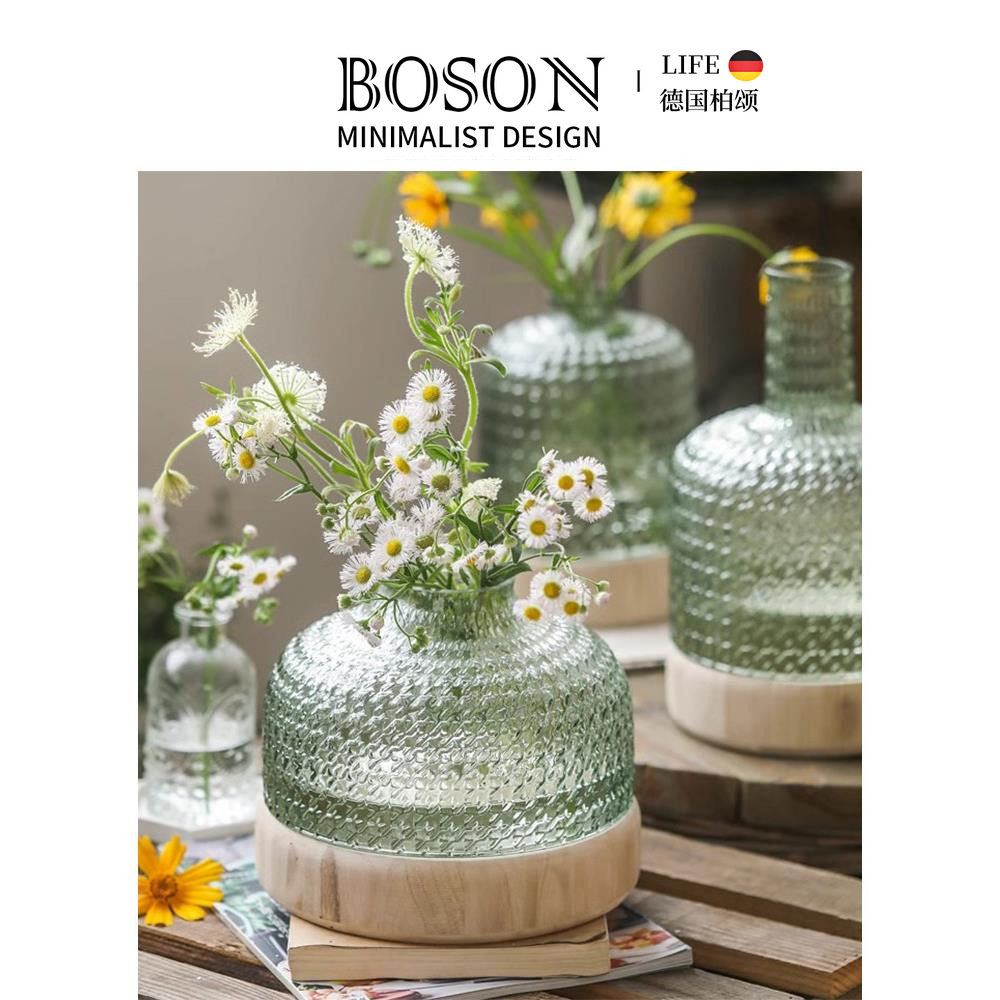 BOSON·Clog·花瓶法式玻璃摆件客厅插花绿色透明花器ins风 |木底