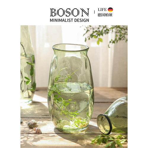 BOSON·Stripes·花瓶家用绿色不规则锤纹玻璃设计感覆古 | 绿纹