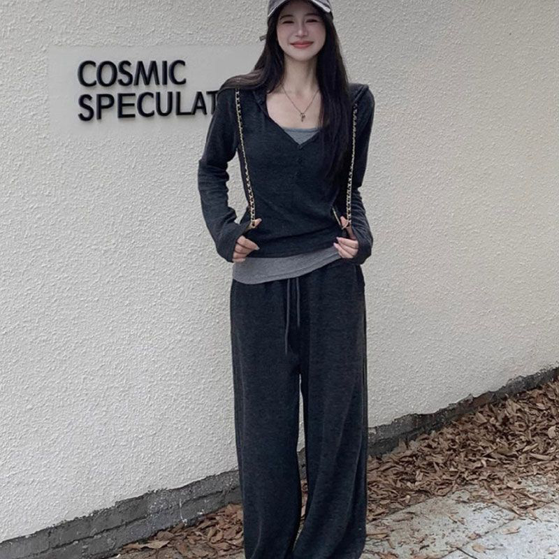 秋季女装假两件连帽卫衣女长裤糯米裤阔腿裤两件套套装小个子大码