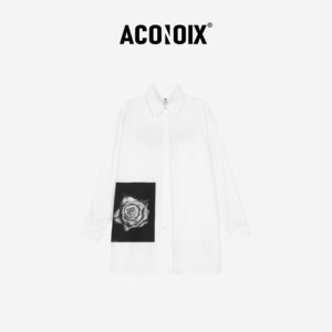 ACONOIX侯明昊同款男女星锑玫瑰黑白底片印花长款长袖棉质衬衫