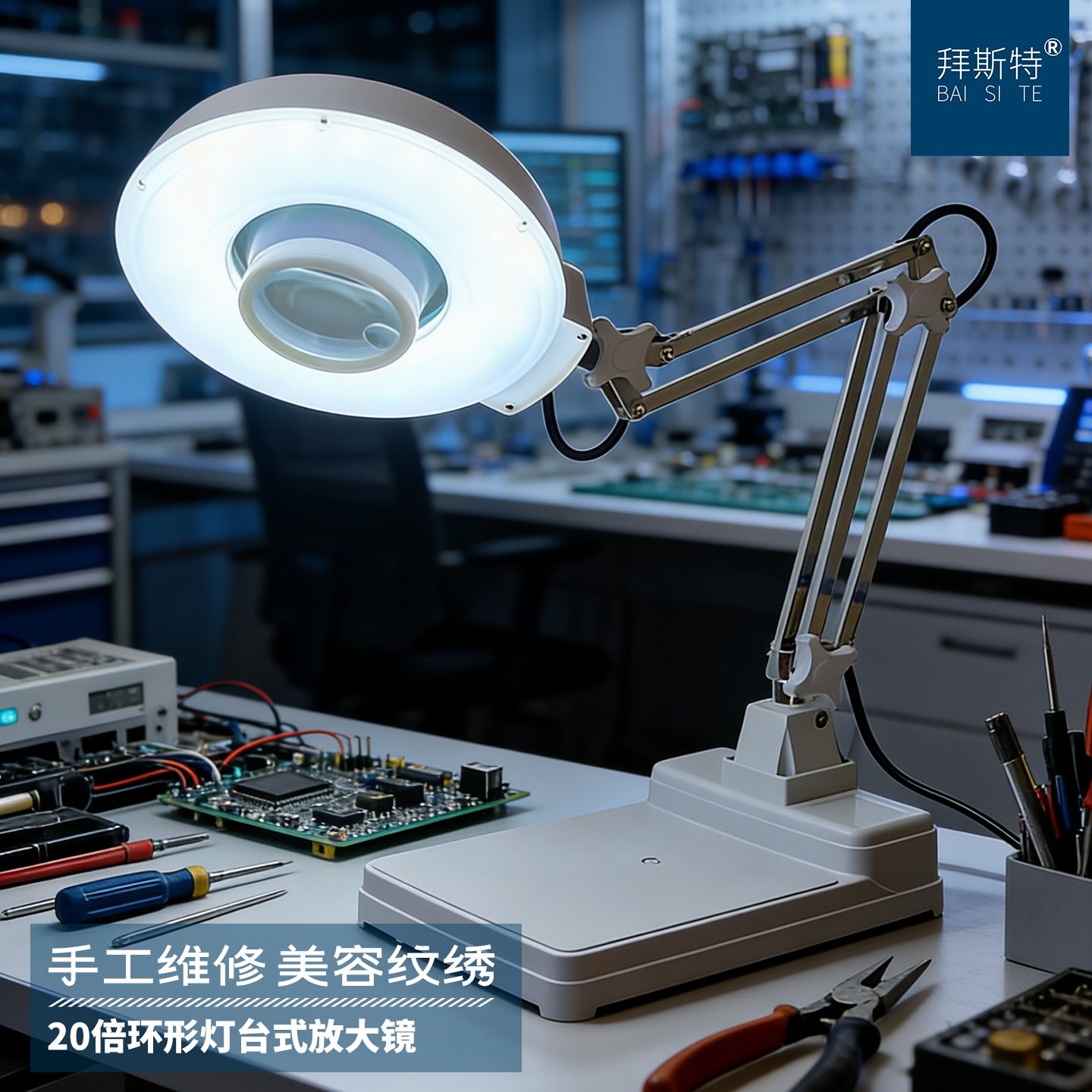 拜斯特放大镜台式20倍高清带LED灯老人阅读手机电路板维修台灯鉴