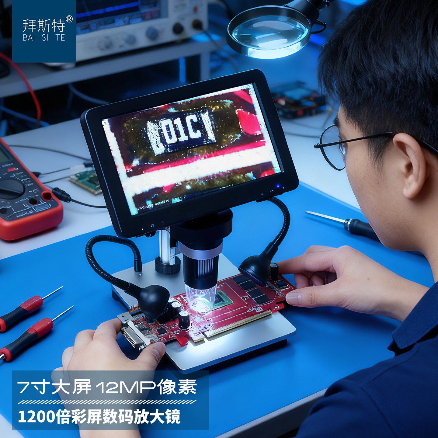 拜斯特1200万高清数码放大镜7寸大屏幕台式高清鉴定维修电路板