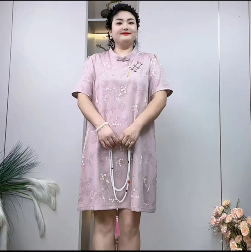 大码新中式盘扣短袖刺绣连衣裙女