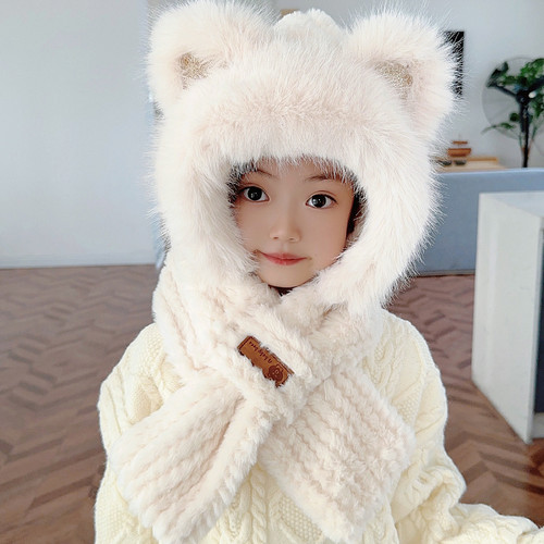 保暖新款麻花纹毛绒帽子围巾一体