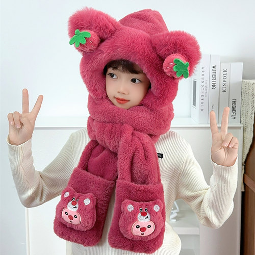 加厚卡通毛绒儿童防风一体帽保暖