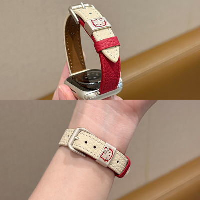 适用iwatch荔枝纹kt撞色皮细表带