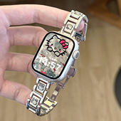 适用applewatchS11三珠KT猫滴油蝴蝶扣金属表带iWatchSE小蛮腰不锈钢苹果手表10 76女可爱细腕带可调节夏