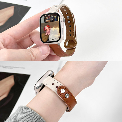 适用iwatch双钉扣真皮表带