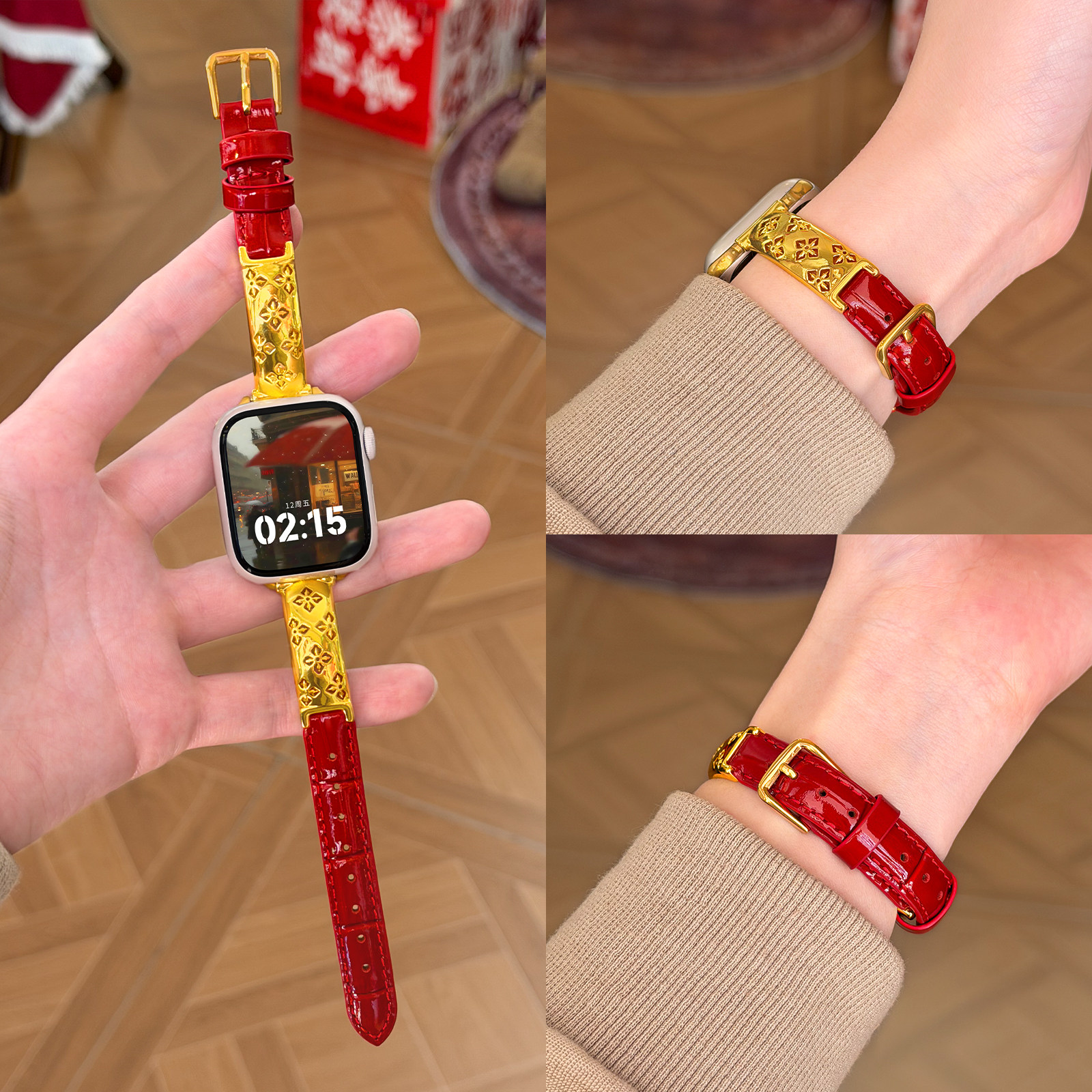 适用applewatch布契风镂空手镯拼真皮表带iWatch11/10/9/8质感小蛮腰苹果手表ultra秋冬竹节纹亮面皮质腕带女