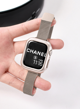 适用苹果手表S11applewatchS11/10/9小蛮腰米兰尼斯纤细表带iwatch8/7/6/5高级金属不锈钢SE表带壳套装小众女