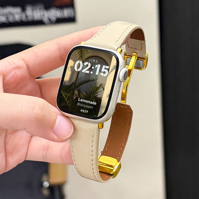 适用iwatch亮面磁吸扣真皮细表带