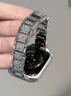 适用AppleWatchS11镶钻金属表带S10/9苹果手表带闪钻三株细款表带iwatch8/7/6代小蛮腰不锈钢SE表带ultra女夏