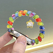 适用苹果手表S11彩虹弹力电话线表带iwatch9 6KT猫星星吊坠多巴胺单圈细皮筋applewatch10小清新发圈手链