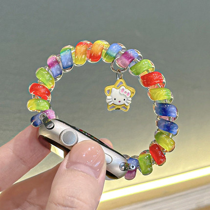 适用苹果手表S11彩虹弹力电话线表带iwatch9/8/7/6KT猫星星吊坠多巴胺单圈细皮筋applewatch10小清新发圈手链