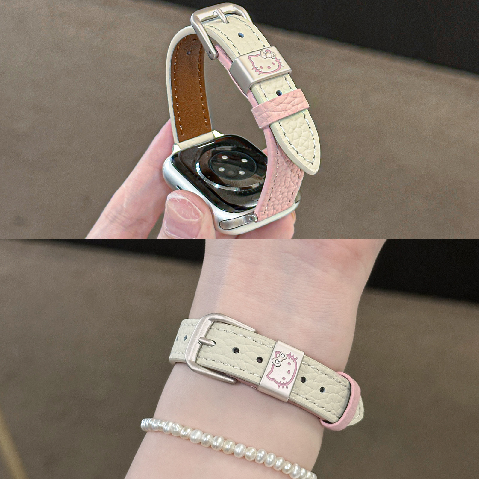 适用iwatch荔枝纹kt撞色皮细表带