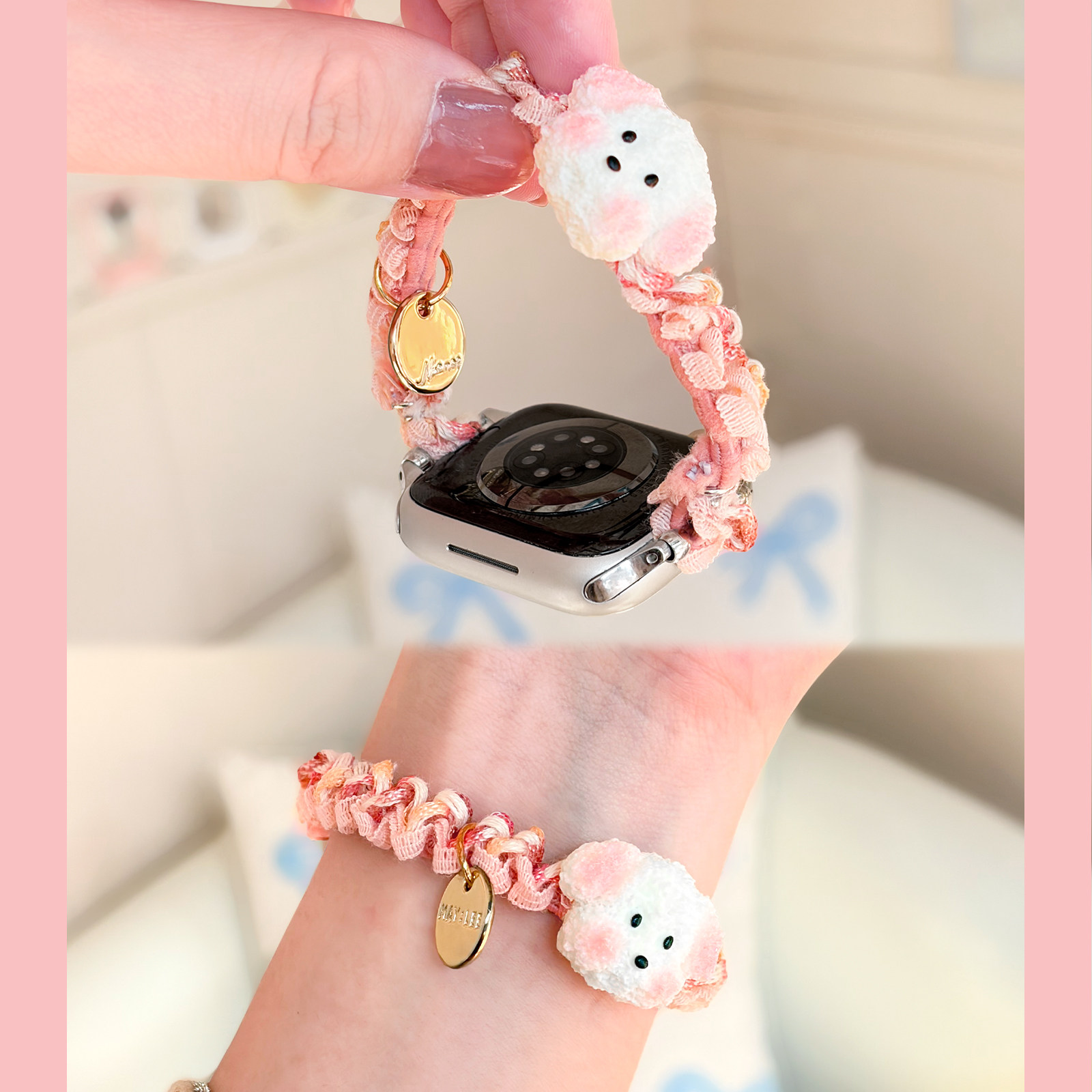 【腮红泰迪狗】适用苹果手表S11可爱小狗弹力发圈表带iwatch