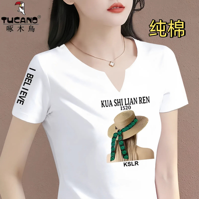 啄木鸟短袖通勤薄款纯棉女士T恤