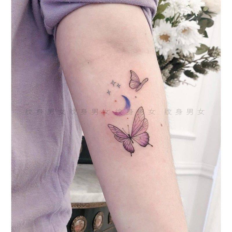 新款紫色蝴蝶纹身贴花臂纹身贴原创手绘防水