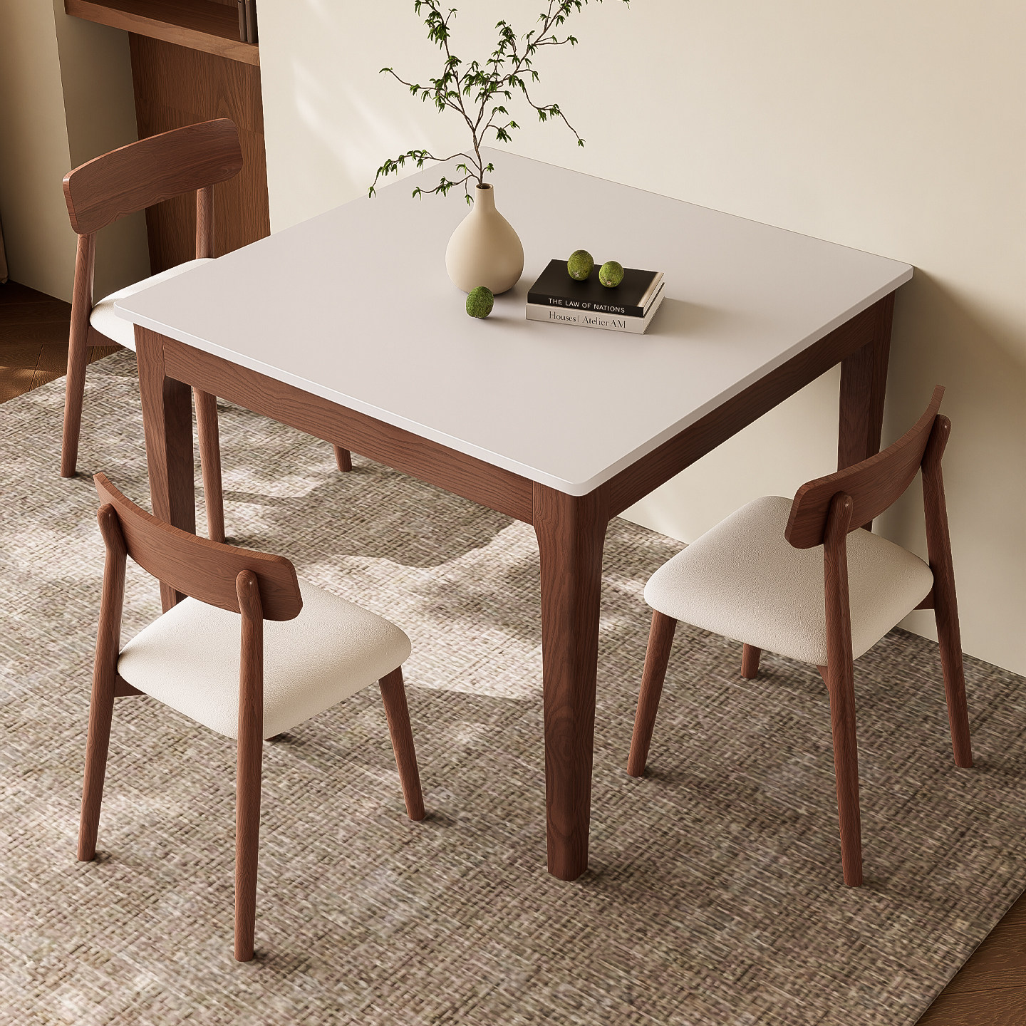 复古风小户型实木岩板正方形餐桌椅组合家用客厅阳台胡桃色方桌子