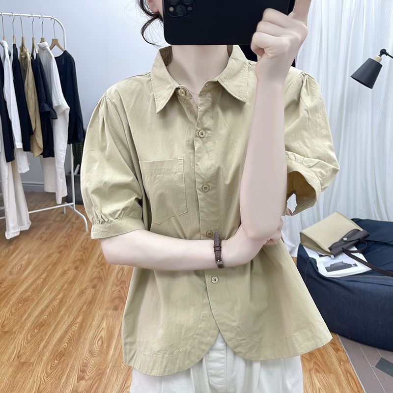 夏装设计感纯棉不规则灯笼袖衬衫