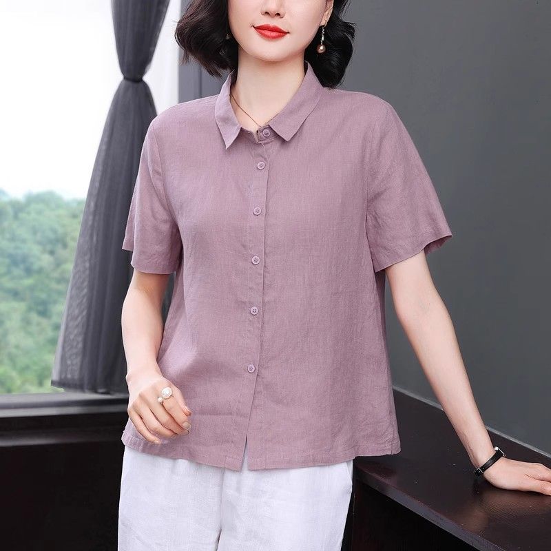 下摆两侧开叉后背拼接褶皱夏新棉麻衬衫女宽松休闲遮肉短袖上衣