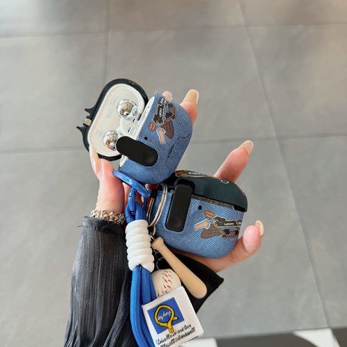 韩风牛仔蓝腊肠狗自动弹盖耳机壳