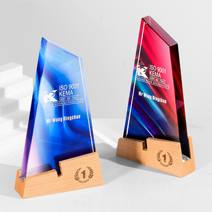 水晶奖杯定制创意刻字彩印新款高档大气实木奖牌定制荣誉授权牌