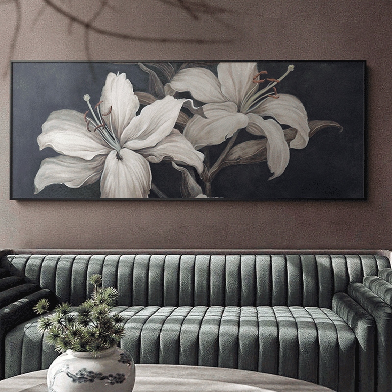 现代简约客厅沙发背景墙艺术横版欧式装饰画茹果百合花高端晶网红