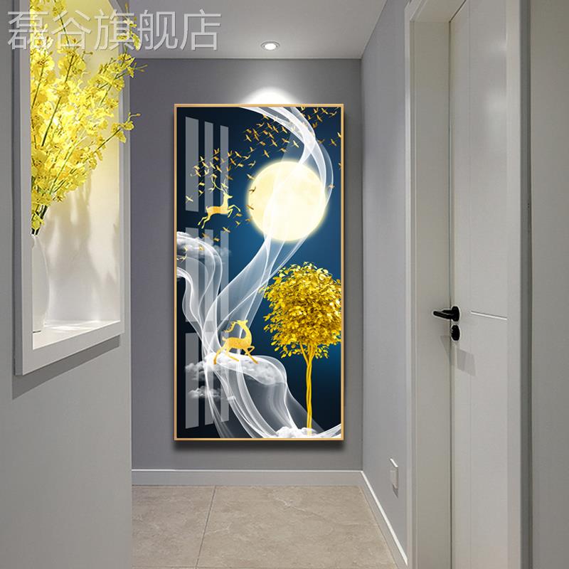 网红晶瓷画关装饰画走竖版入户廊壁过道进五福玄临门挂画门麋鹿客