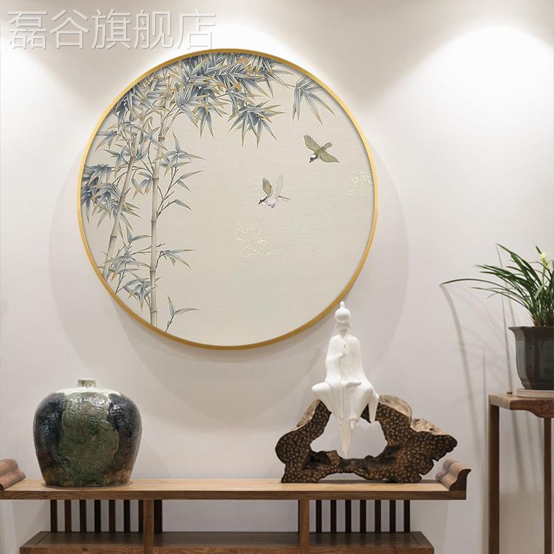 网红竹子新室中纯绘油画圆形玄关装饰客手厅茶肌理画竹式报平画安图片