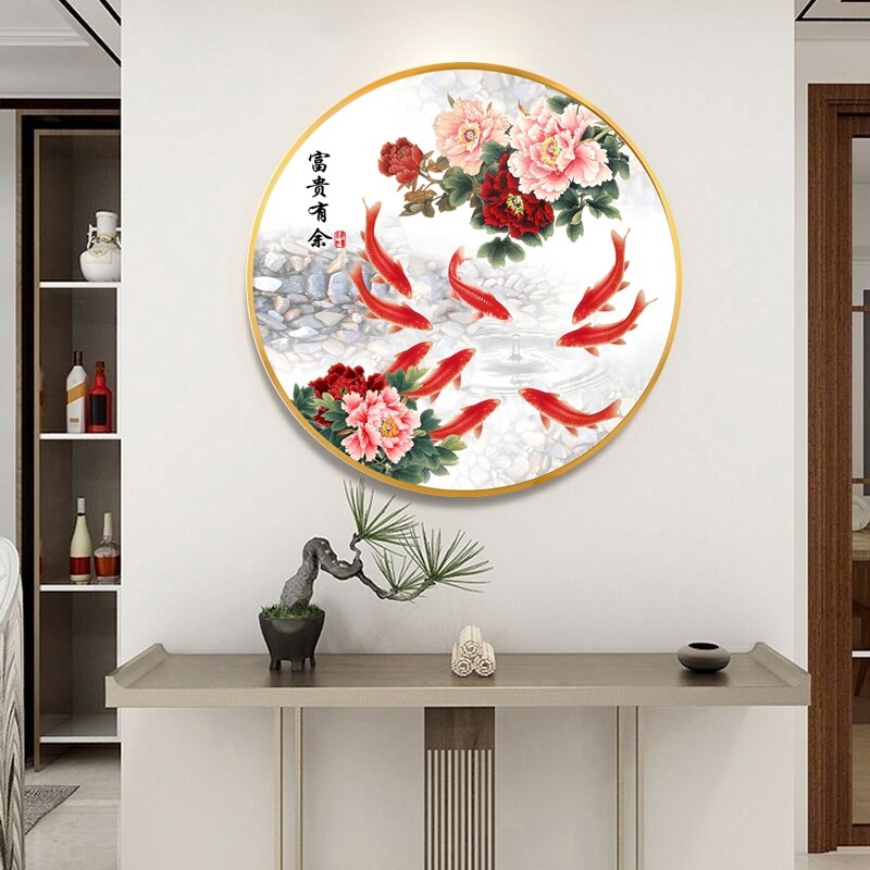 新中式九鱼图餐厅装饰画入户玄关客厅挂画荷花招财鲤鱼圆形墙网红图片