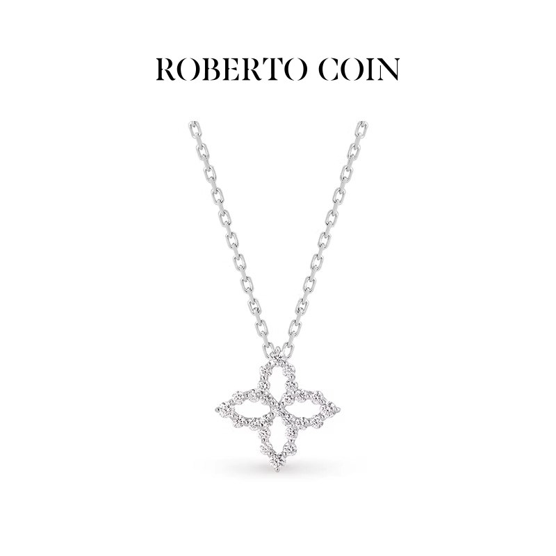 ROBERTO COIN/珂瑛CAROUSEL 18K白金花卉钻石项链吊坠颈饰送礼